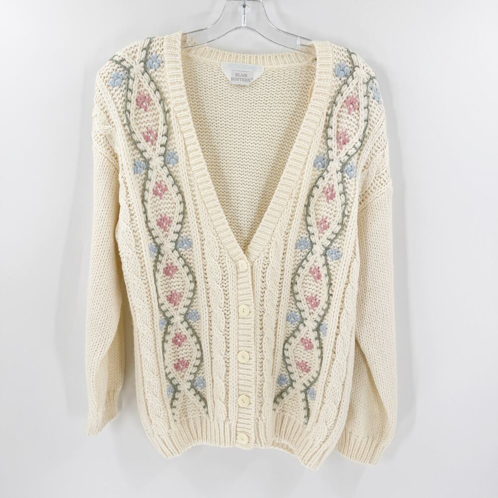 Vintage Blair Boutique Hand Knit Floral Cable Cardigan Cottagecore Sweater